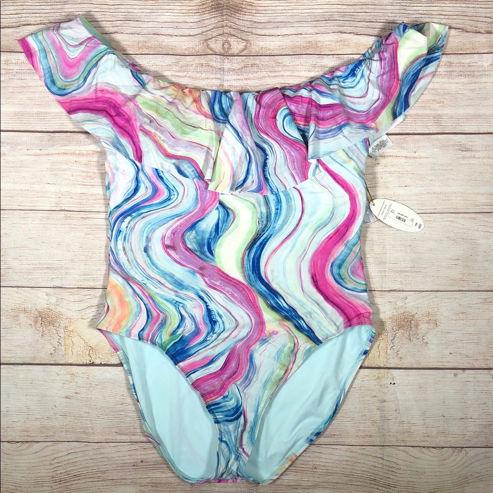 NWT Off-Shoulder Tummy Panel One-Piece Swimsuit in Multicolor Marble Print 18W